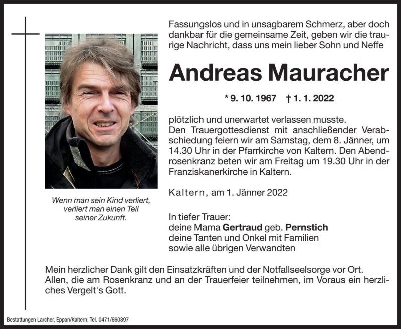 Traueranzeigen Von Andreas Mauracher Trauer Bz
