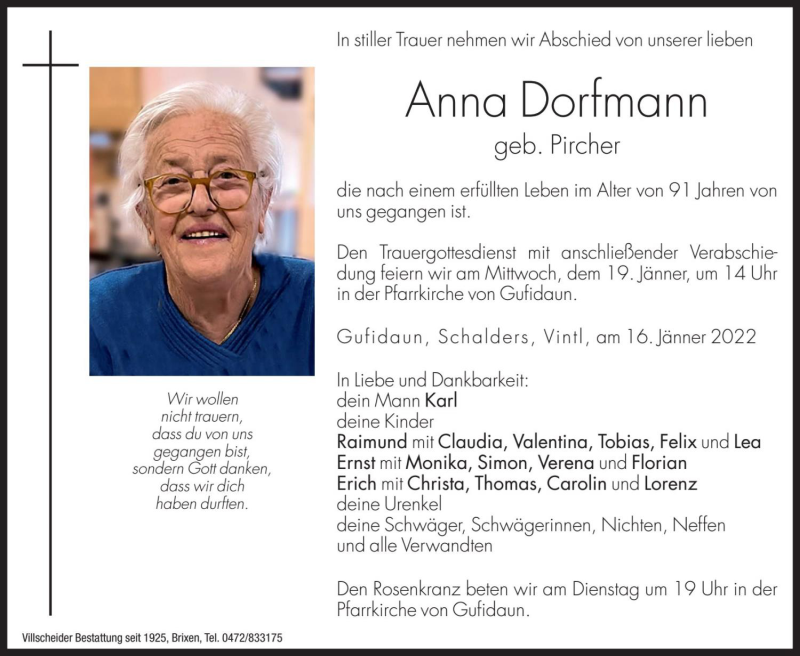  Traueranzeige für Anna Dorfmann vom 18.01.2022 aus Dolomiten