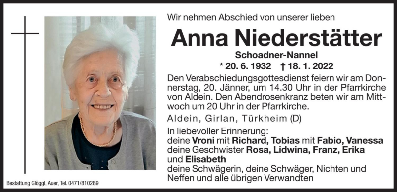  Traueranzeige für Anna Niederstätter vom 19.01.2022 aus Dolomiten