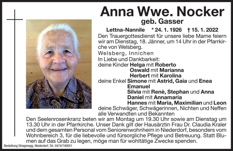  Traueranzeige für Anna Nocker vom 17.01.2022 aus Dolomiten