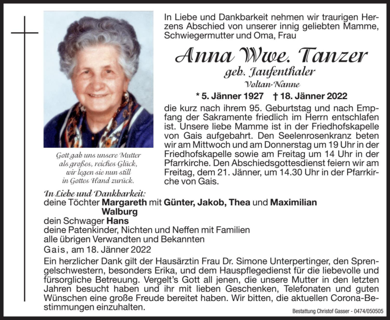  Traueranzeige für Anna Tanzer vom 19.01.2022 aus Dolomiten