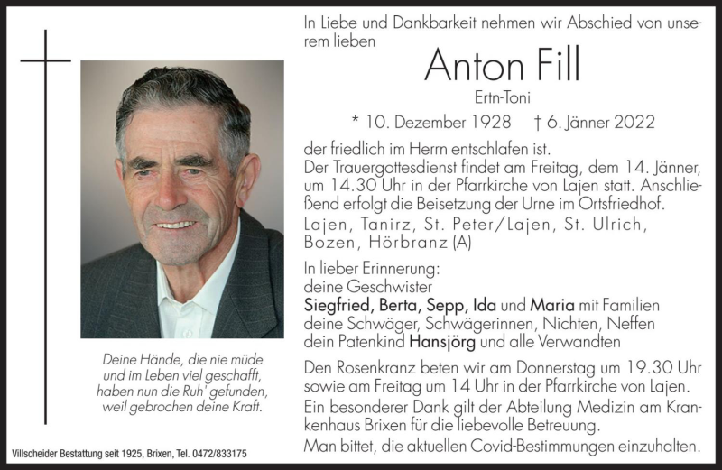  Traueranzeige für Anton Fill vom 13.01.2022 aus Dolomiten