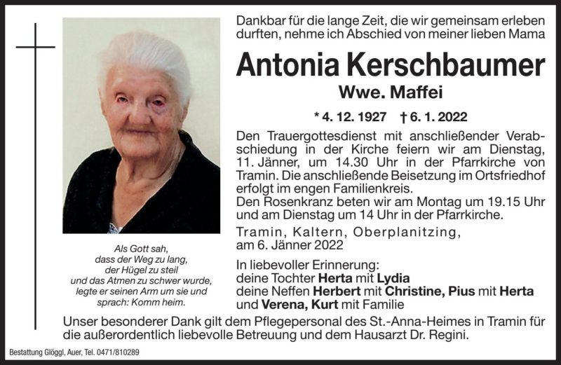  Traueranzeige für Antonia Maffei vom 08.01.2022 aus Dolomiten