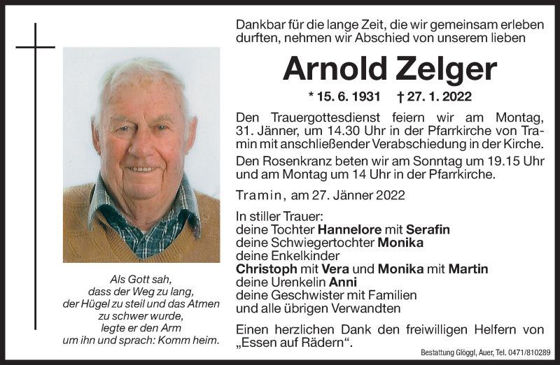  Traueranzeige für Arnold Zelger vom 29.01.2022 aus Dolomiten