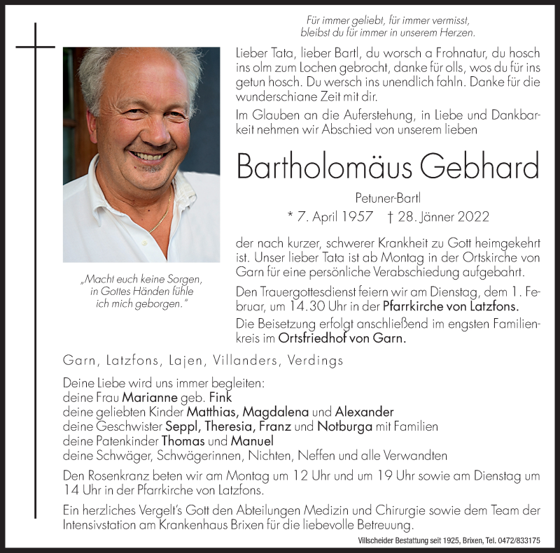  Traueranzeige für Bartholomäus Gebhard vom 31.01.2022 aus Dolomiten