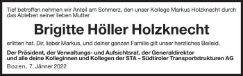 Traueranzeige von Brigitte Holzknecht von Dolomiten