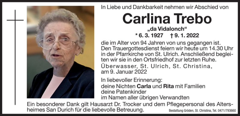  Traueranzeige für Carlina Trebo vom 11.01.2022 aus Dolomiten