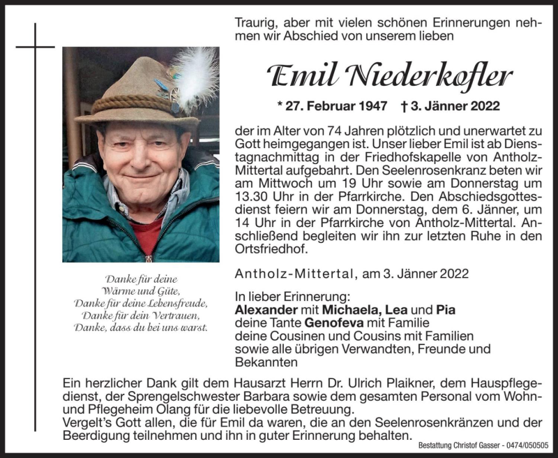  Traueranzeige für Emil Niederkofler vom 05.01.2022 aus Dolomiten