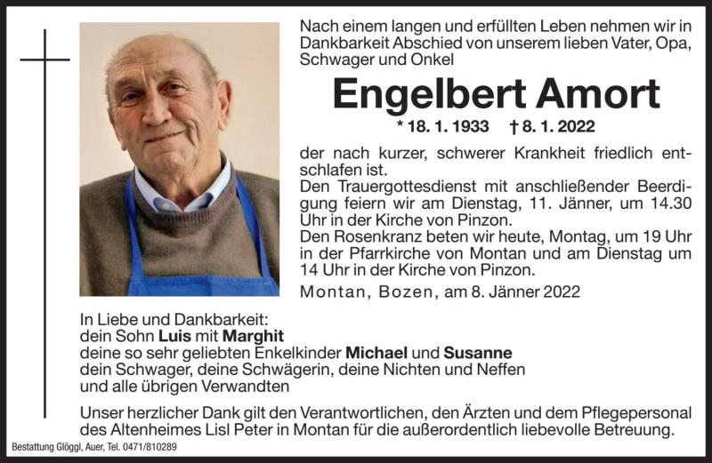  Traueranzeige für Engelbert Amort vom 10.01.2022 aus Dolomiten