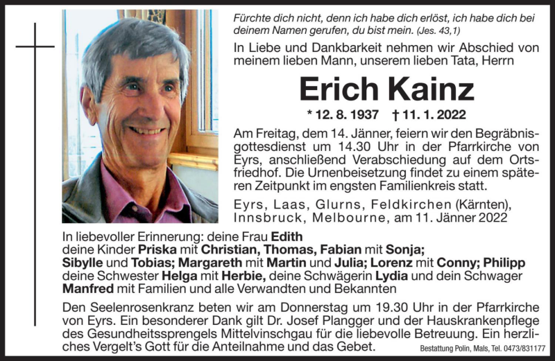  Traueranzeige für Erich Kainz vom 13.01.2022 aus Dolomiten