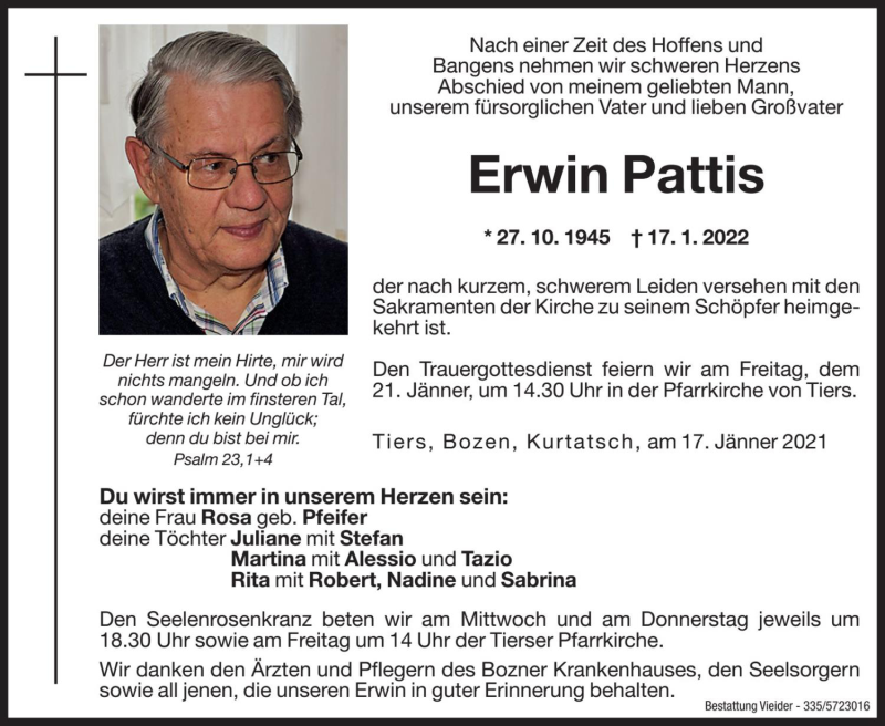  Traueranzeige für Erwin Pattis vom 18.01.2022 aus Dolomiten