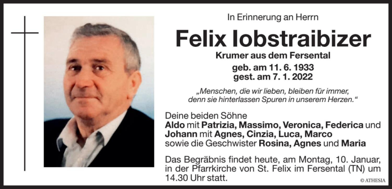  Traueranzeige für Felix Iobstraibizer vom 10.01.2022 aus Dolomiten