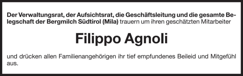  Traueranzeige für Filippo Agnoli vom 13.01.2022 aus Dolomiten