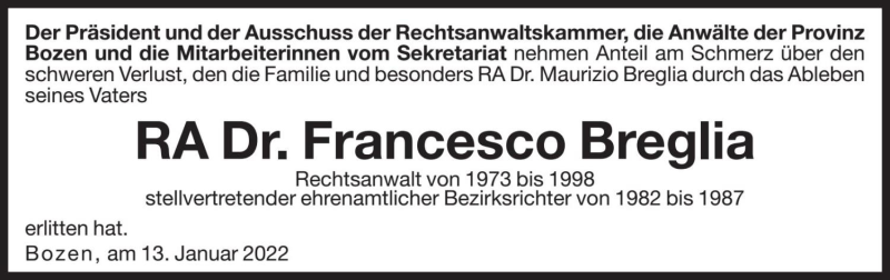  Traueranzeige für Francesco Breglia vom 14.01.2022 aus Dolomiten