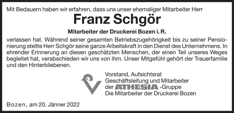  Traueranzeige für Franz Schgör vom 21.01.2022 aus Dolomiten