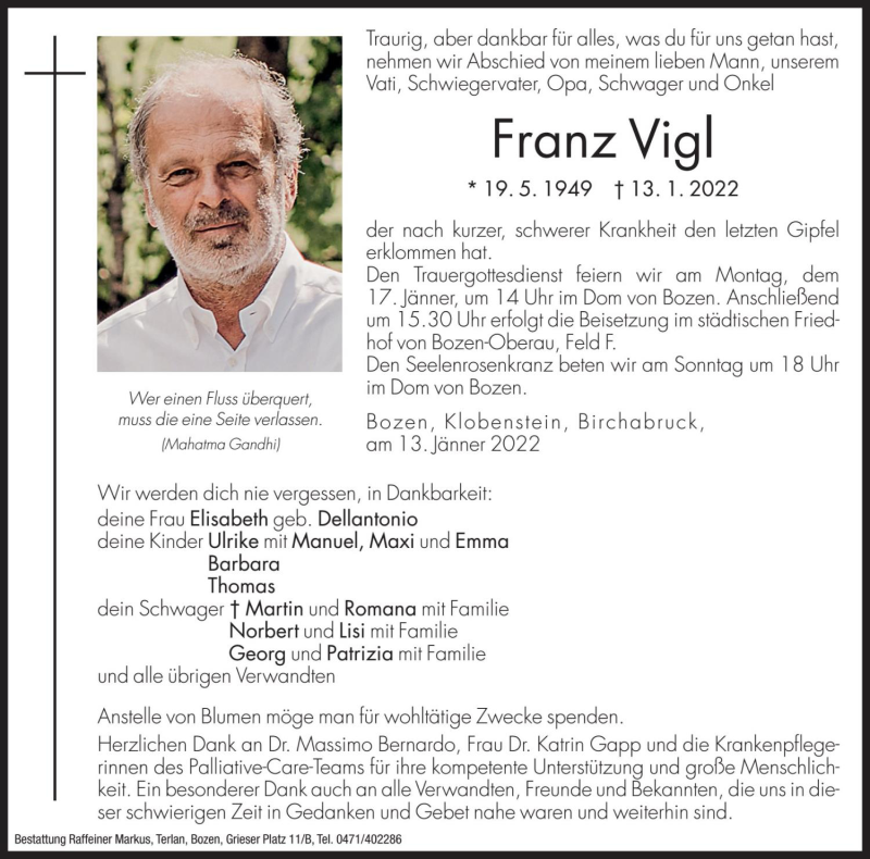  Traueranzeige für Franz Vigl vom 14.01.2022 aus Dolomiten
