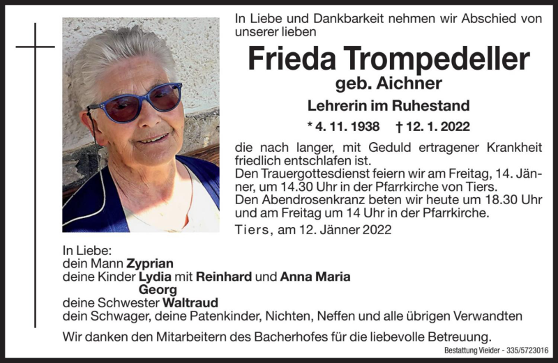  Traueranzeige für Frieda Trompedeller vom 13.01.2022 aus Dolomiten