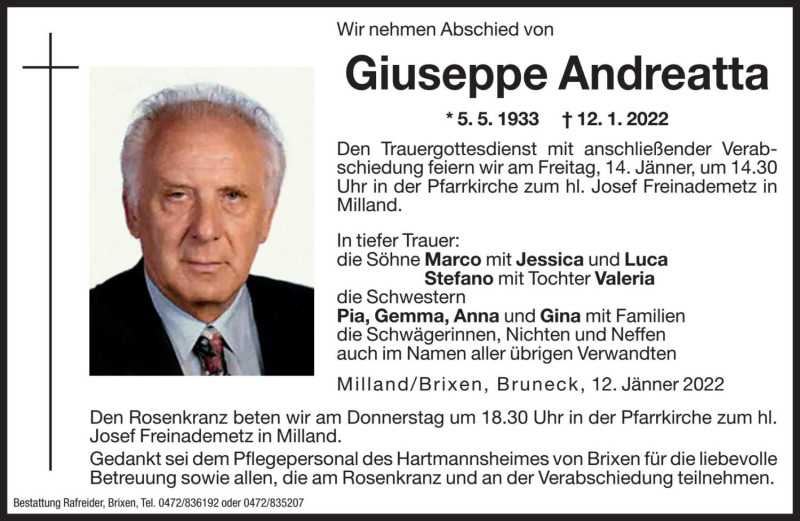  Traueranzeige für Giuseppe Andreatta vom 13.01.2022 aus Dolomiten