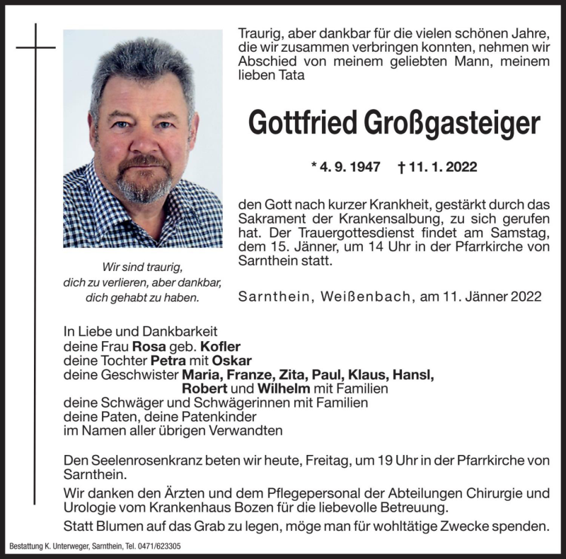 Traueranzeige für Gottfried Großgasteiger vom 14.01.2022 aus Dolomiten