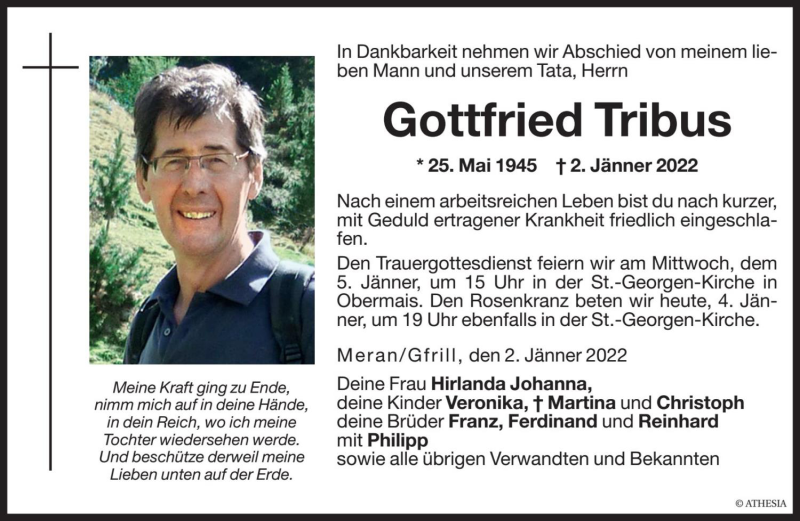  Traueranzeige für Gottfried Tribus vom 04.01.2022 aus Dolomiten