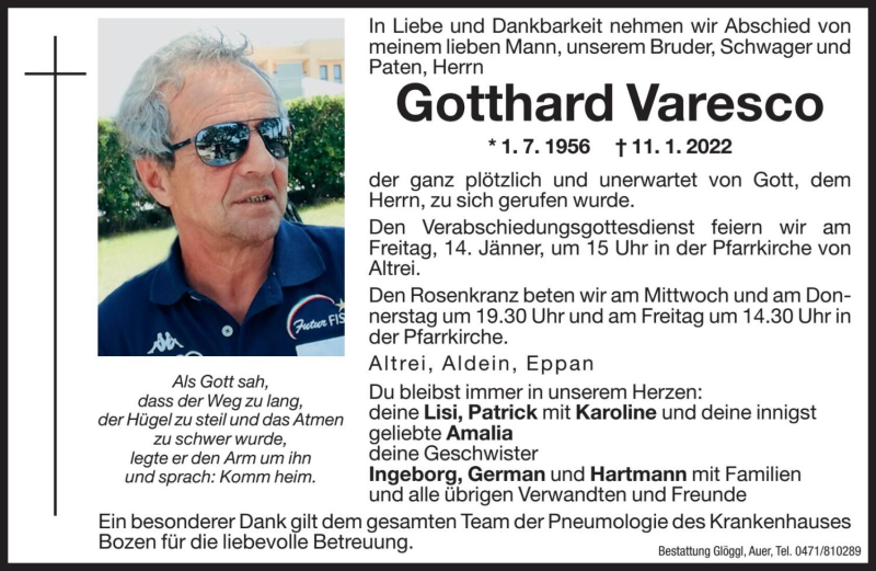  Traueranzeige für Gotthard Varesco vom 12.01.2022 aus Dolomiten