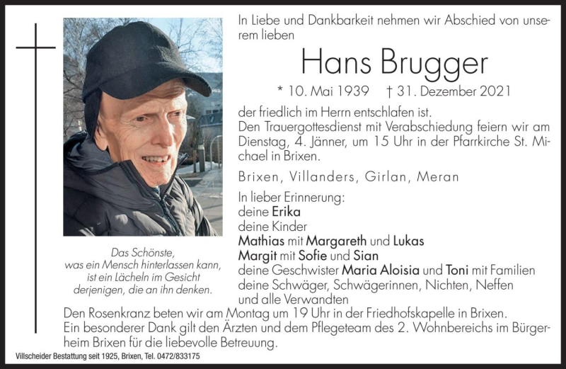  Traueranzeige für Hans Brugger vom 03.01.2022 aus Dolomiten