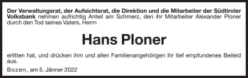 Traueranzeige von Hans Ploner von Dolomiten