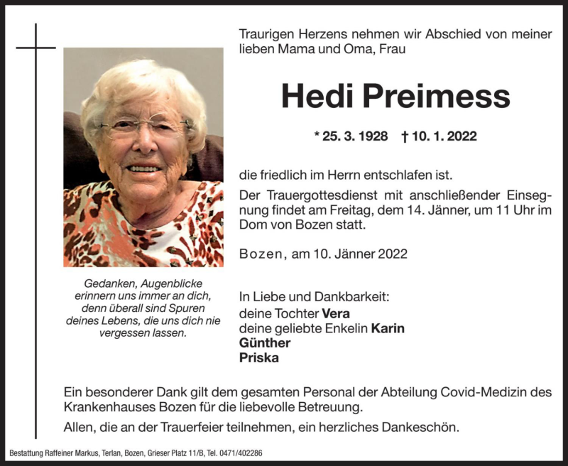  Traueranzeige für Hedi Preimess vom 13.01.2022 aus Dolomiten