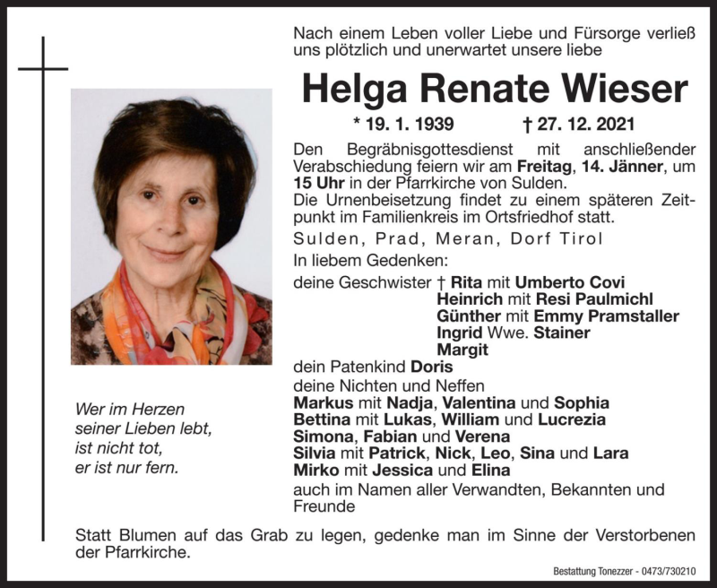  Traueranzeige für Helga Renate Wieser vom 12.01.2022 aus Dolomiten