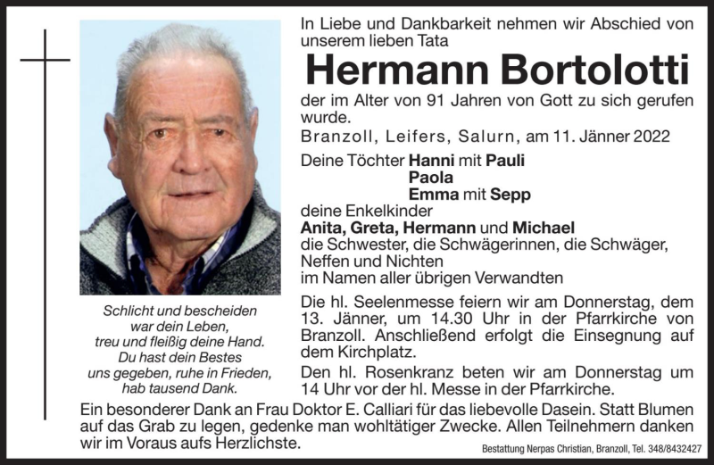  Traueranzeige für Hermann Bortolotti vom 12.01.2022 aus Dolomiten
