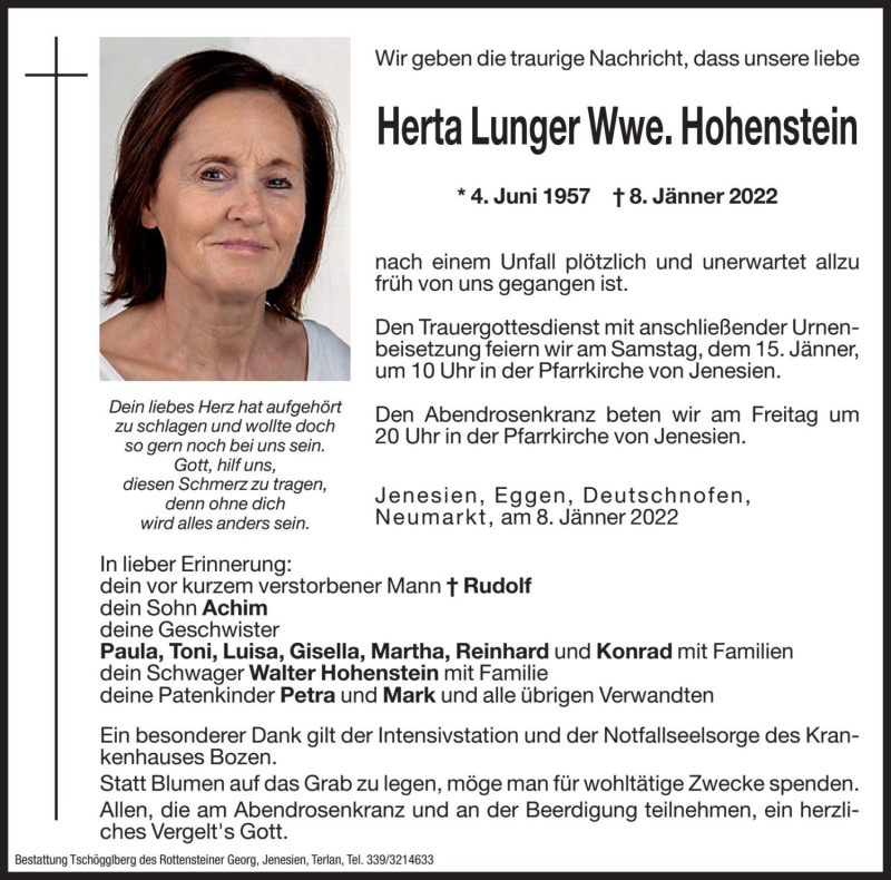  Traueranzeige für Herta Hohenstein vom 13.01.2022 aus Dolomiten