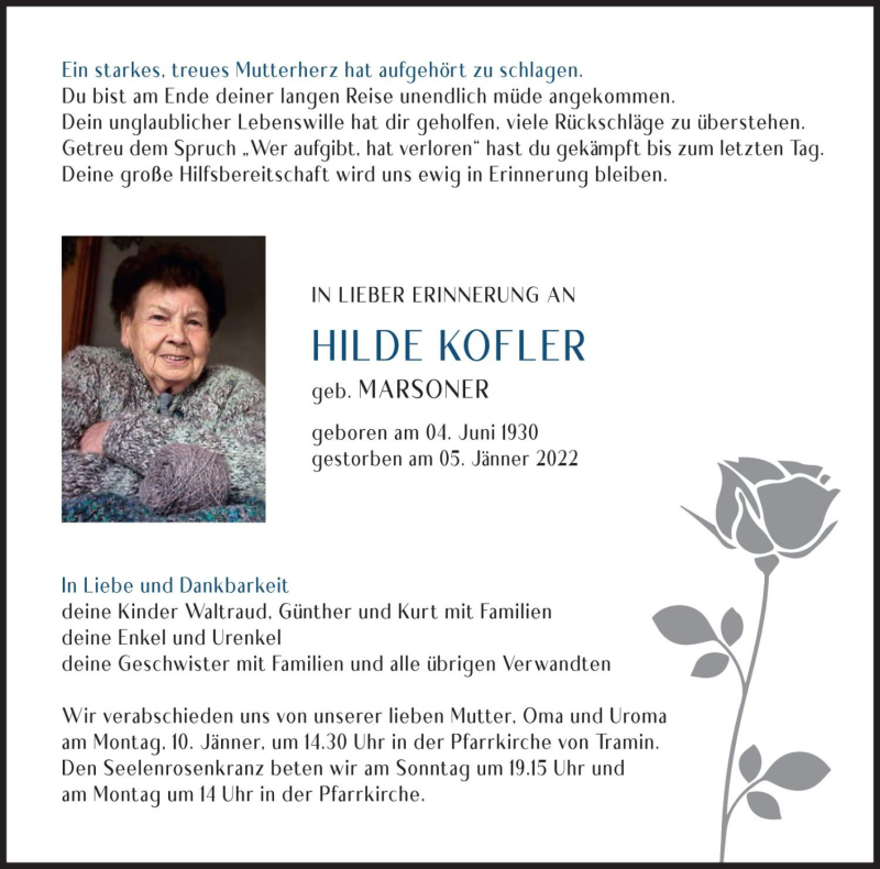  Traueranzeige für Hilde Kofler vom 08.01.2022 aus Dolomiten
