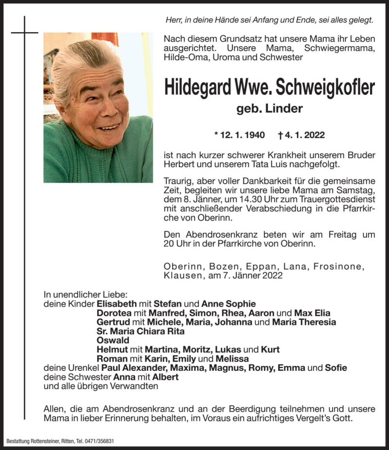 Traueranzeige für Hildegard Schweigkofler vom 07.01.2022 aus Dolomiten