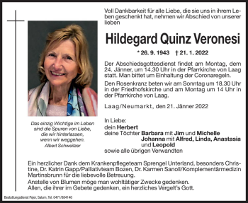 Traueranzeige von Hildegard Veronesi von Dolomiten