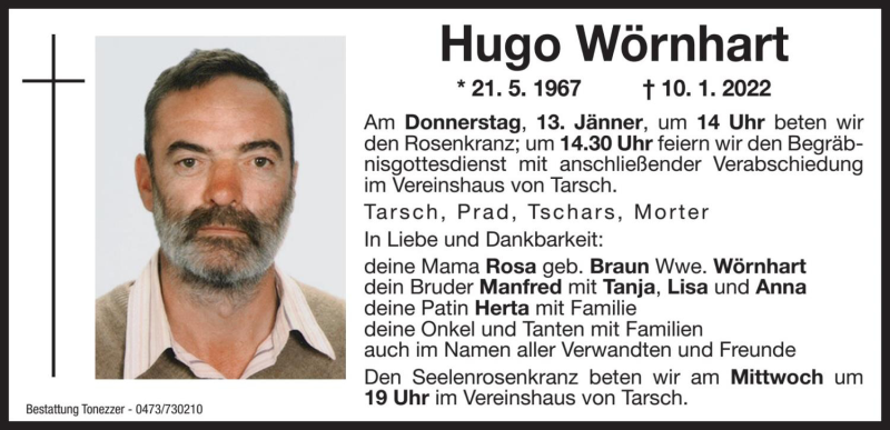  Traueranzeige für Hugo Wörnhart vom 12.01.2022 aus Dolomiten