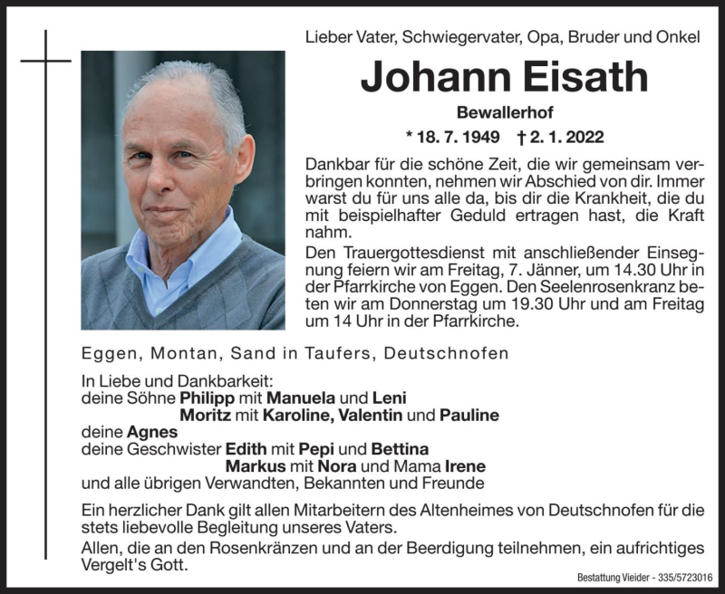  Traueranzeige für Johann Eisath vom 04.01.2022 aus Dolomiten