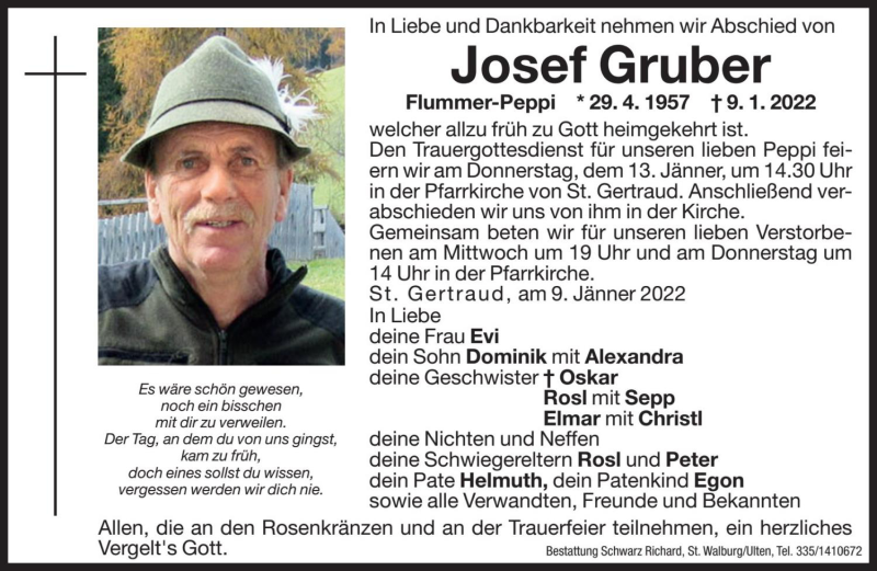  Traueranzeige für Josef Gruber vom 11.01.2022 aus Dolomiten