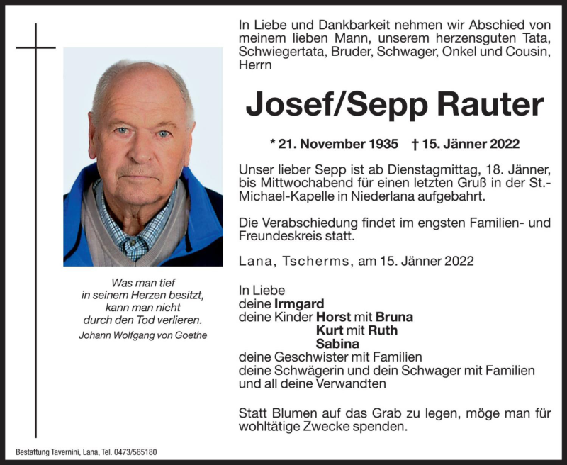  Traueranzeige für Josef Rauter vom 17.01.2022 aus Dolomiten