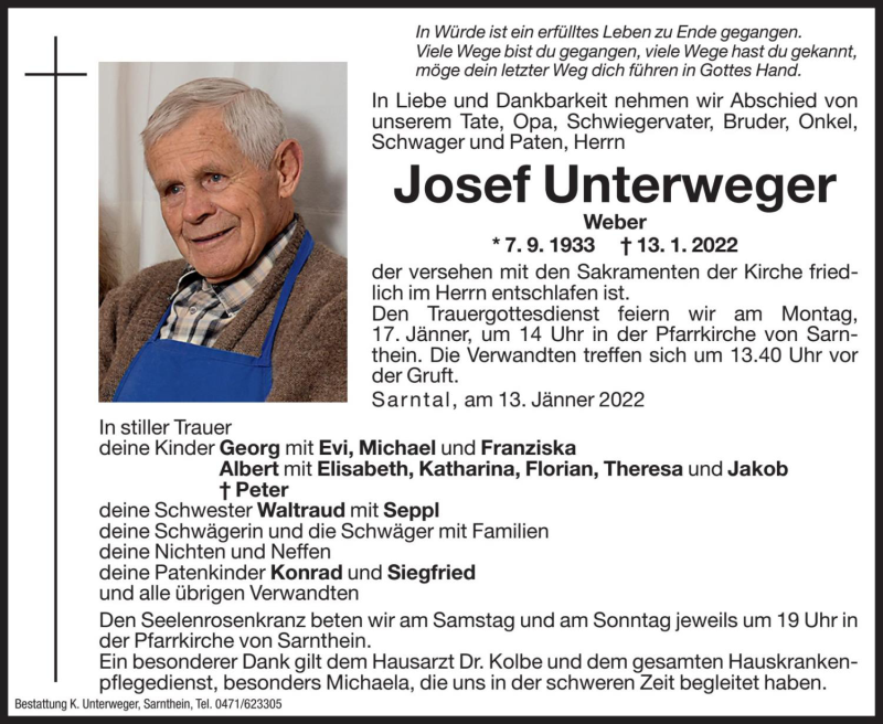  Traueranzeige für Josef Unterweger vom 14.01.2022 aus Dolomiten