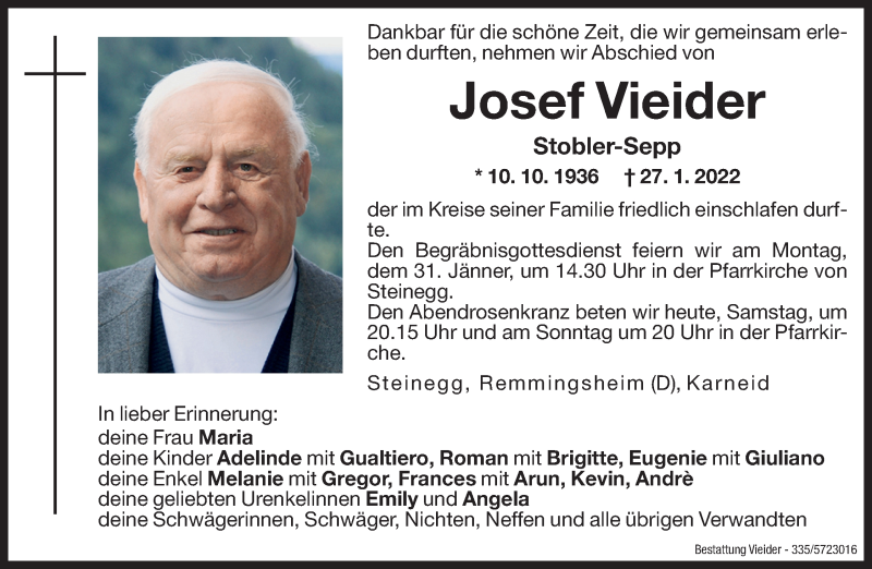  Traueranzeige für Josef Vieider vom 29.01.2022 aus Dolomiten