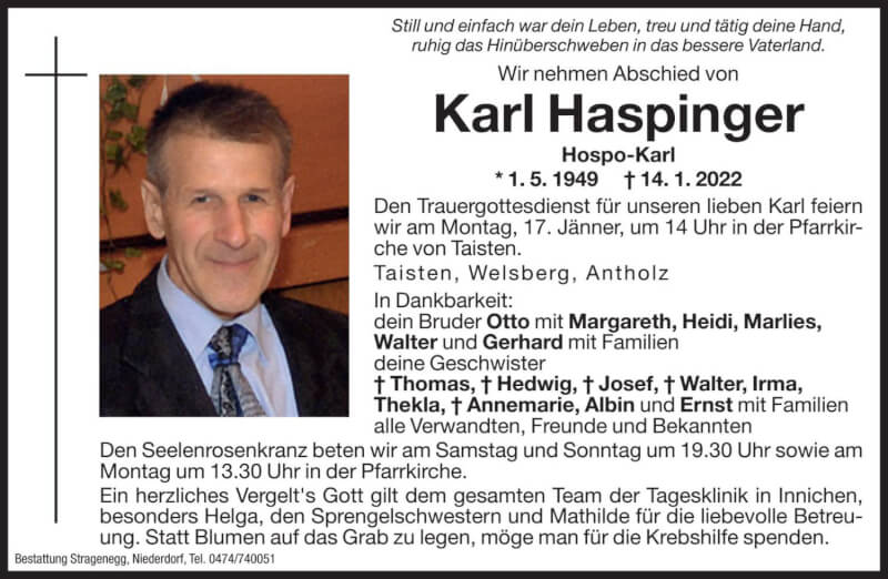  Traueranzeige für Karl Haspinger vom 15.01.2022 aus Dolomiten