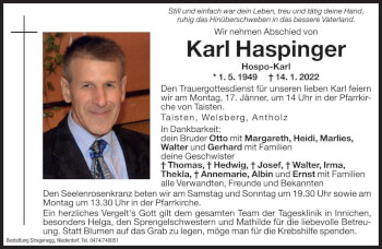 Traueranzeige von Karl Haspinger von Dolomiten