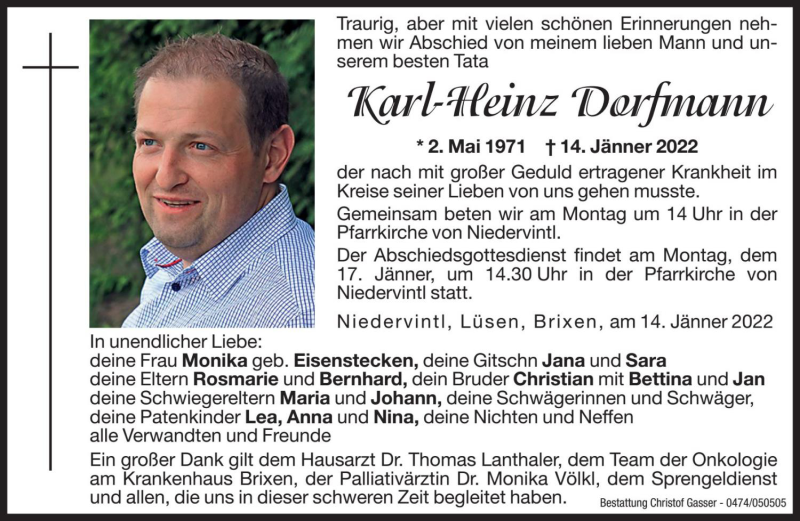  Traueranzeige für Karl-Heinz Dorfmann vom 17.01.2022 aus Dolomiten