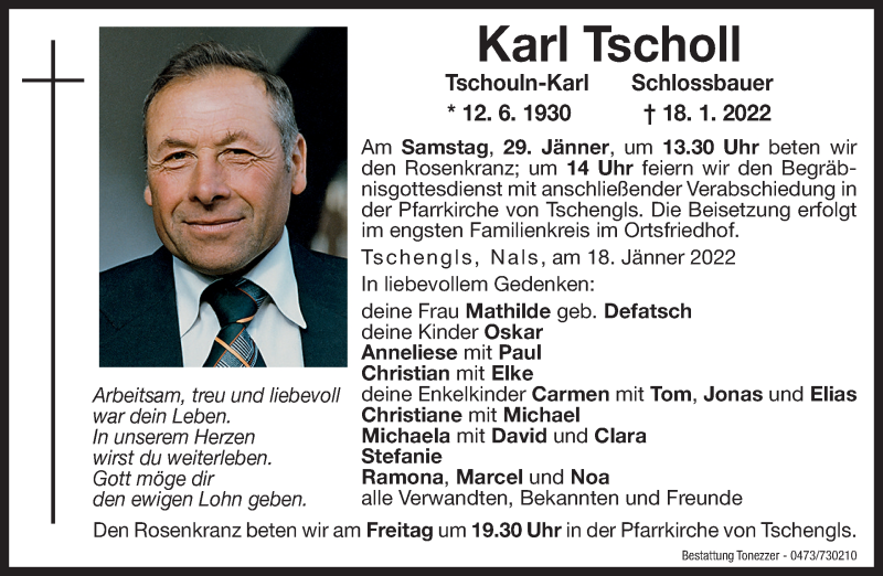  Traueranzeige für Karl Tscholl vom 27.01.2022 aus Dolomiten