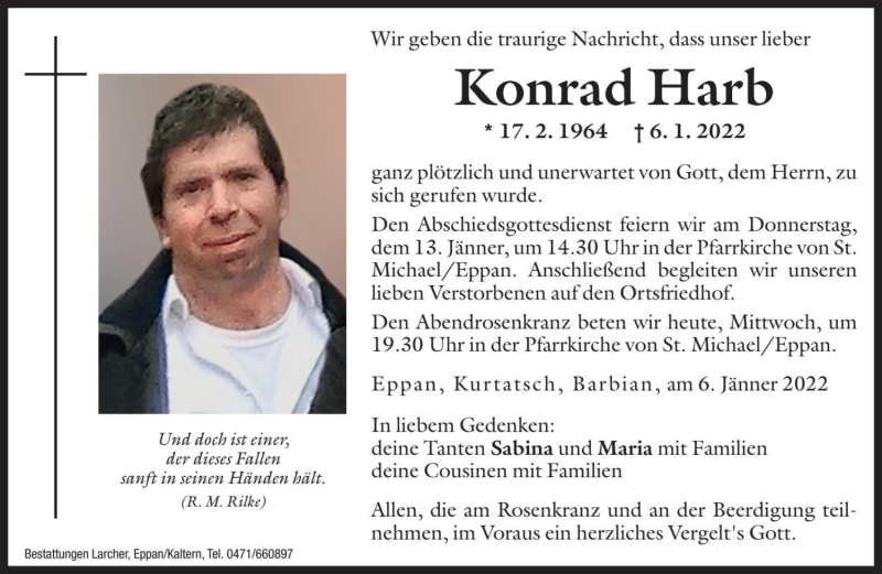 Traueranzeige für Konrad Harb vom 12.01.2022 aus Dolomiten