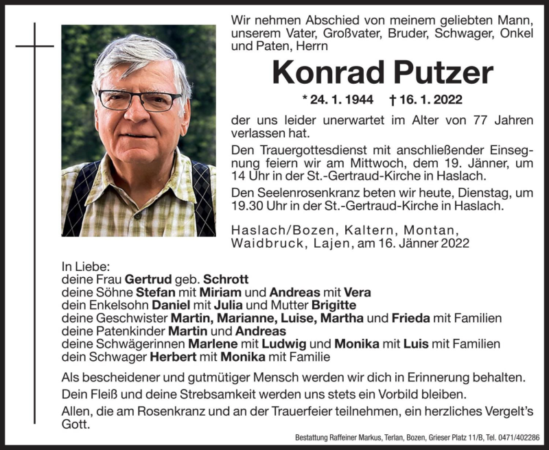  Traueranzeige für Konrad Putzer vom 18.01.2022 aus Dolomiten
