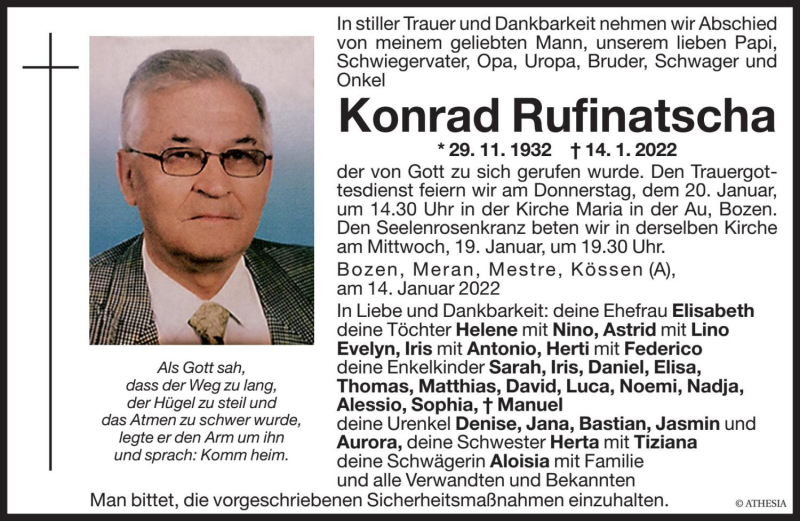  Traueranzeige für Konrad Rufinatscha vom 18.01.2022 aus Dolomiten