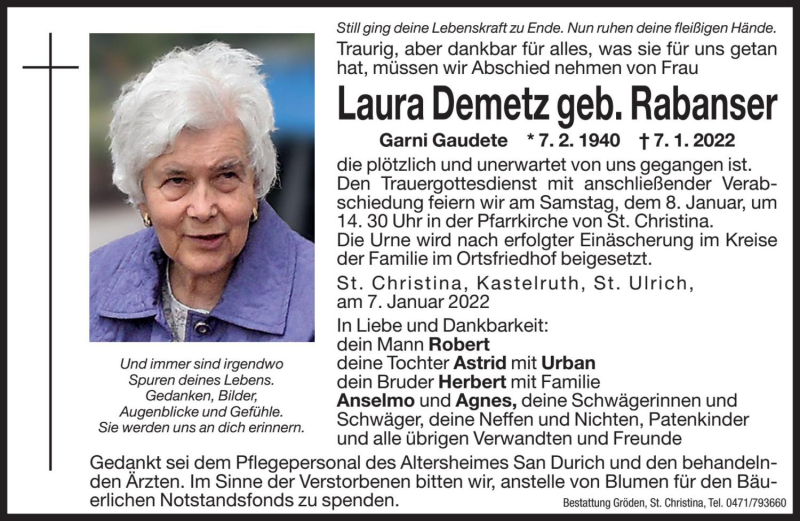  Traueranzeige für Laura Demetz vom 08.01.2022 aus Dolomiten