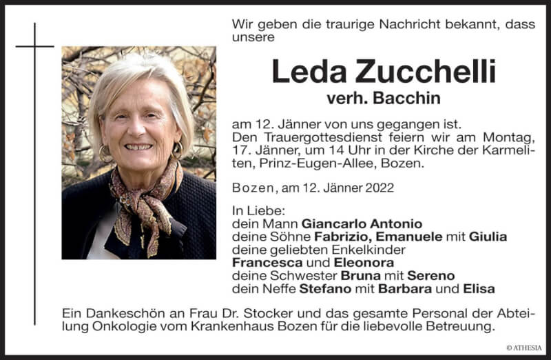  Traueranzeige für Leda Zucchelli vom 15.01.2022 aus Dolomiten