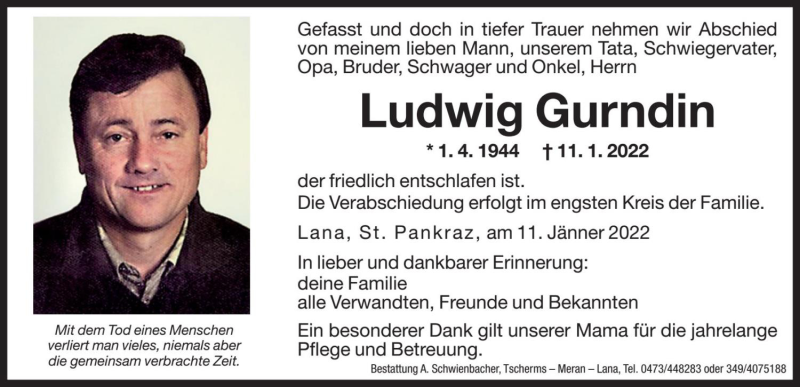  Traueranzeige für Ludwig Gurndin vom 14.01.2022 aus Dolomiten